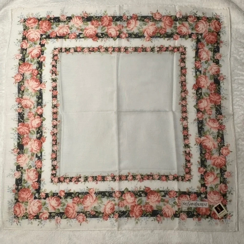 Vtg YVES SAINT LAURENT Scarf Handkerchief Floral Rose Cotton White 19.5
